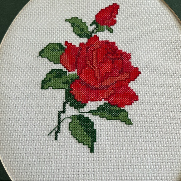 Vintage Cross Stitch Red Rose Flower Art Handmade - Picture 2 of 6